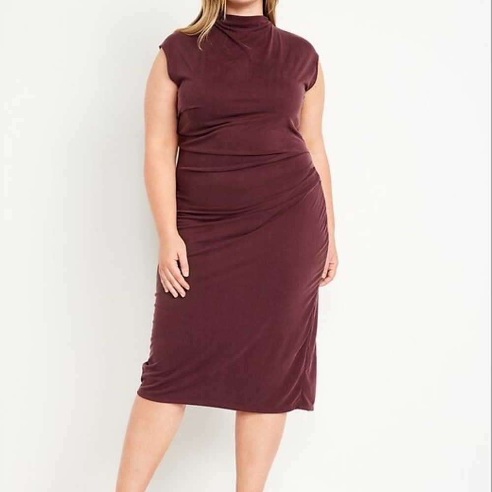 Mock-Neck Burgundy Cap Sleeves‎ Midi Ribbed Dress Ruching Stretchy Comfy XL